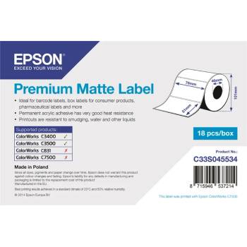 Epson C33S045534 Preмiuм Matte, за ColorWorks, 76x51мм, 650 бр, бели самозалепващи етикети (C33S045534)