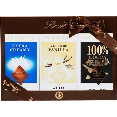 Lindt Excellence Extra jemná mliečna čokoláda 100 g + Extra biela čokoláda s vanilkovou príchuťou 100 g + Extra horká čokoláda 100% kakaa 3 x 50 g set