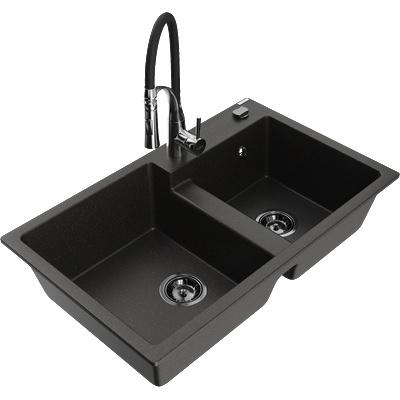 Mexen Tomas гранитна мивка с 2 камери и кухненски смесител Aster, черен/златист металик - 6516-75-73450-07-B (6516-75-73450-07-B)