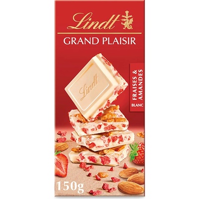 Lindt GRAND PLAISIR biela čokoláda s kúskami mandlí a jahodami 150 g