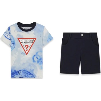 Guess Комплект светло синя тениска и тъмно сини къси панталони за мини момче с червено лого Guess