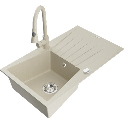 Mexen Cesar гранитна мивка с 1 отделение с отцедник и кухненски смесител Elia, бежов - 6514-69-670101-69 (6514-69-670101-69)