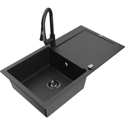 Mexen Leo гранитна мивка с 1 купа с отцедник и кухненски смесител Elia, черен/сребрист металик - 6501-73-670101-70-B (6501-73-670101-70-B)
