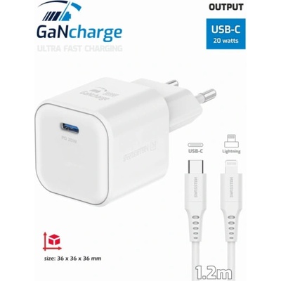 Swissten síťový adaptér gan 1x usb-c 20w power delivery bílý + datový kabel usb-c/lightning 1,2 m bílý
