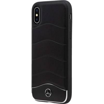 Mercedes-Benz Wave III Genuine Leather Hard Case - дизайнерски кожен кейс за iPhone XS, iPhone X (черен-сребрист)
