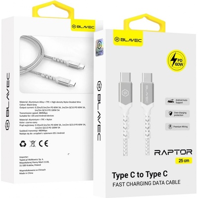 Blavec CRA-CC3WS025 Raptor Braided - typ C na typ C - PD 60W 3A, 0,25m, bílo-stříbrný