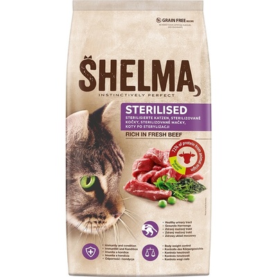 Shelma Sterilised Premium bez obilnín s hovädzím mäsom 8 kg