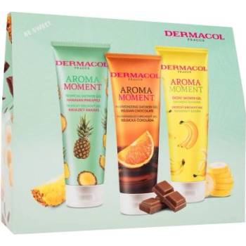 Dermacol Aroma Moment Be Sweet подаръчен комплект: душ гел Хавайски ананас 250 ml + душ гел Белгийски шоколад 250 ml + душ гел Бахамски банан 250 ml унисекс