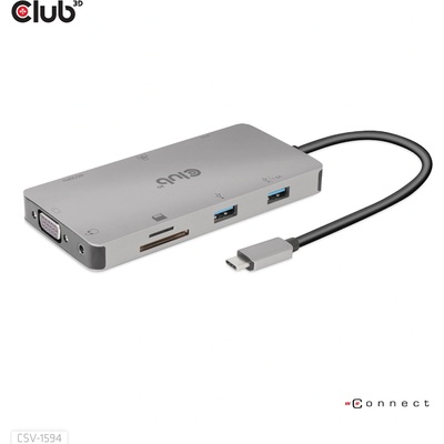 Club 3D CLUB3D хъб, USB Gen1, USB-C, 9в1, HDMI, VGA, 2x USB Gen1 Type-A, RJ45, SD/Micro SD card slots and USB Gen1 Type-C Female port (CSV-1594)