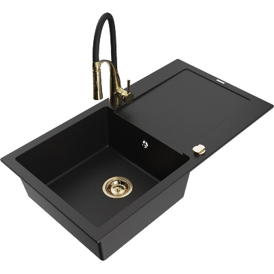 Mexen Leo гранитна кухненска мивка с 1 отделение и отцедник и кухненски смесител Aster, черен - 6501-77-73450-57-G (6501-77-73450-57-G)