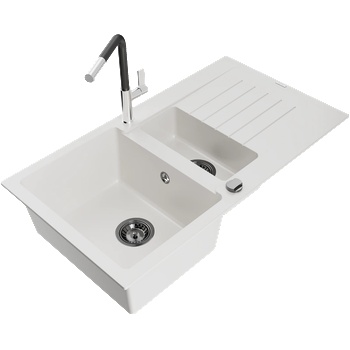 Mexen Matias гранитна мивка с 1, 5 отделения с отцеждач и кухненски смесител Flora, бял - 6502-20-670401-07-B (6502-20-670401-07-B)