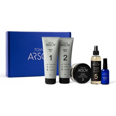 Tomas Arsov Starostlivosť o kučeravé jemné vlasy Green Tea šampón 250 ml + Kondic. 250 ml + Balance Obnov. maska 100 ml + Marulový olej s vit. E 50 ml + Hair Liquid Kerat. voda 200ml darčeková sada