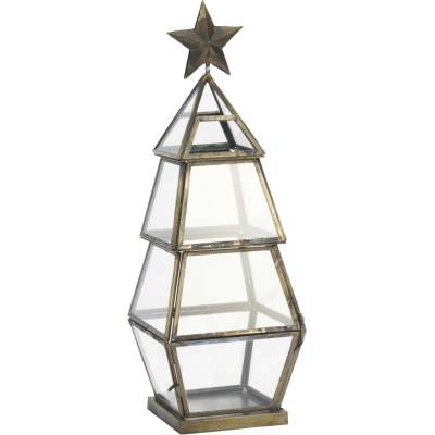 MADAM STOLTZ Kovová lucerna Christmas Tree 37 cm, zlatá barva, sklo, kov