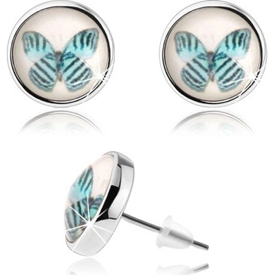 Šperky eshop cabochon vypouklé sklo modrý motýl s černými proužky bílý podklad SP74.25