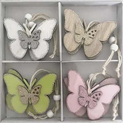 Drevený záves, motýle, prírodný, mix farieb s glitrom, 8ks, 75x60mm