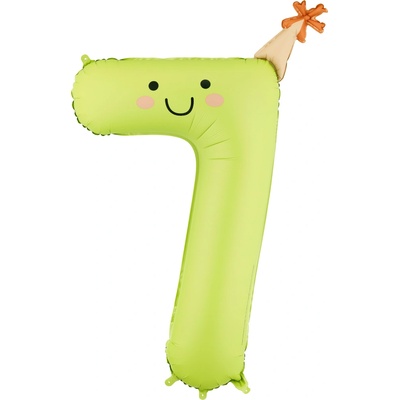 PartyDeco Fóliový balón narodeninové číslo 7 Zelený s klobúčikom 86 cm