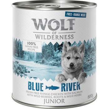 Wolf of Wilderness 12x800г Junior Blue River Free-Range Meat Wolf of Wilderness, консерв. храна за кучета-пиле и сьомга