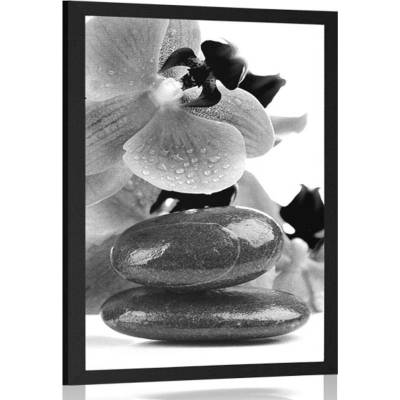 Plakát SPA kameny a orchidej v černobílém provedení - 20x30 black