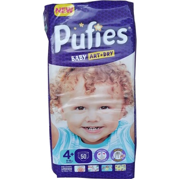 pufies baby art+dry 4+ бебешки пелени, 50броя, 9-16кг