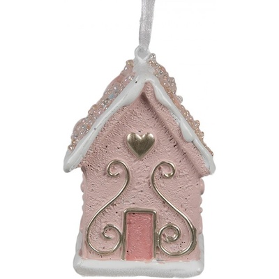 Clayre & Eef Závěsná růžová ozdoba perníková chaloupka Gingerbread House 4*4*6 cm