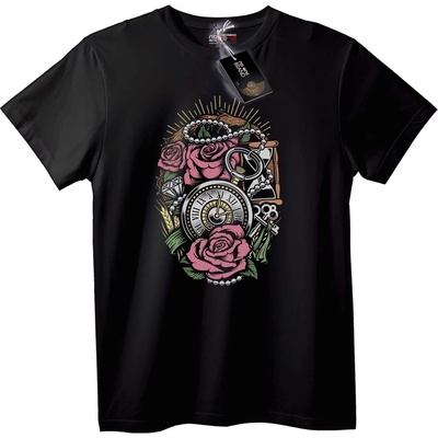 NOONEBRAND Тениска Стиймпанк Роза и Джобен Часовник - 5XL, Black