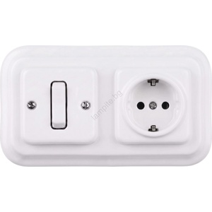 Elhard - Ретро керамичен единичен ключ №1 и SCHUKO розетка 230V с бяла рамка (EF0016E)