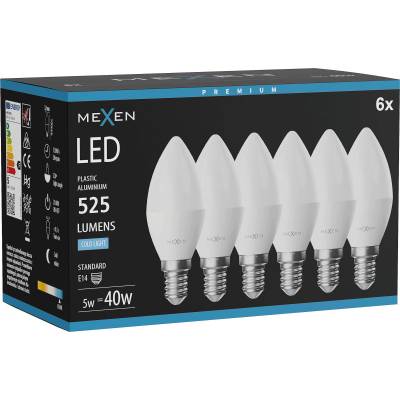 Mexen Nova 6x LED крушка E14, C37, 5W, Студена - 6500K, 525 lm - L102-E14-0565-01x06 (L102-E14-0565-01x06)