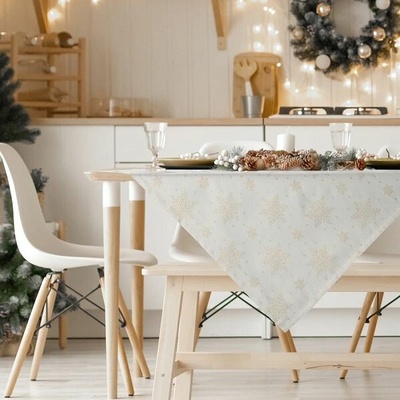 Eurofirany Vianočný obrus zo žakárovej látky s vločkami so zlatou niťou zlatá Polyester 85x85 cm