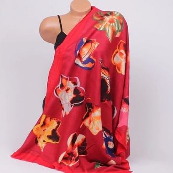 Image 1 of Кашмирен шал в червен цвят с големи красиви цветя