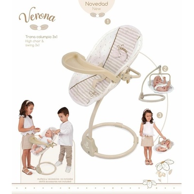 DeCuevas 51578 Multifunkční jídelní židlička a houpačka pro panenky 3v1 VERONA 60cm