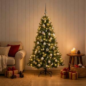 vidaXL Изкуствена коледна елха с топки 120 см 150 LED светодиода (3465951)