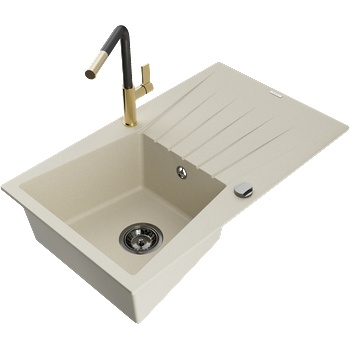 Mexen Cesar Гранитна кухненска мивка с 1 отделение с отцедник и кухненски смесител Flora, бежов - 6514-69-670401-57-B (6514-69-670401-57-B)