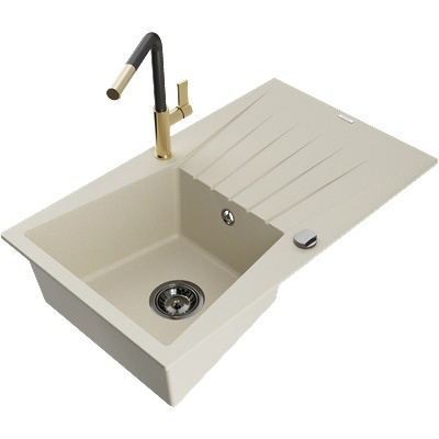Mexen Cesar Гранитна кухненска мивка с 1 отделение с отцедник и кухненски смесител Flora, бежов - 6514-69-670401-57-B (6514-69-670401-57-B)