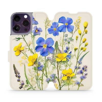 Flipové pouzdro Mobiwear - Apple iPhone 14 Pro Max - VP41S Modré a žluté kvítky (Knížkové flip pouzdro, obal, kryt na mobil Apple iPhone 14 Pro Max - VP41S Modré a žluté kvítky, materiál Umělá kůže +