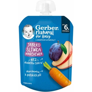 Nestle Плодово пюре Nestle Gerber - Пауч с ябълка, слива и морков, 6m+, 80 g (12513297) - ozone