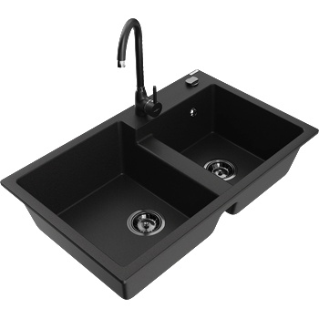 Mexen Tomas гранитна мивка с 2 камери с кухненски смесител Telma, черен - 6516-77-670200-70-B (6516-77-670200-70-B)