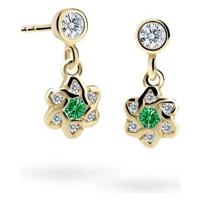 Danfil dětské náušnice kytičky C2149 ze žlutého zlata s kamínky Emerald Green zapínání balónek