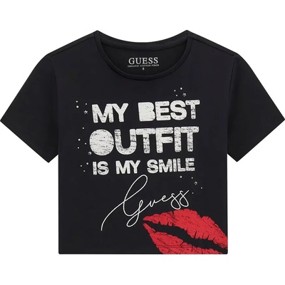 GUESS Черна къса тениска за момиче с целувка и бели надписи Guess