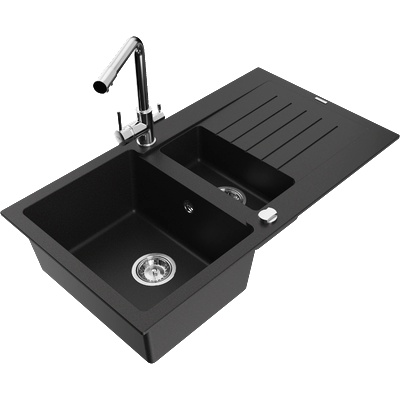 Mexen Matias гранитна мивка 1, 5-коморна с отцедник и кухненски смесител Duero, черен - 6502-77-671600-00 (6502-77-671600-00)