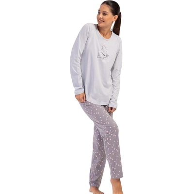 Дамска макси пижама в сиво с пеперуда и точки