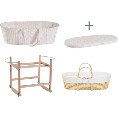 Ahojbaby sada Mojžíšův košík pro miminko Paper Dream s houpacím stojanem natural, bílým potahem