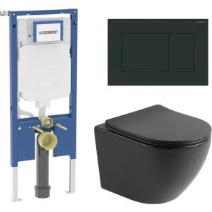 Rune Комплект казанче за вграждане Geberit Duofix със система за фиксиране, черен правоъгълен бутон Sigma20, плюс конзолна тоалетна чиния Rune Ivaldi с капак softclose (111.796.00.2+115.883.16.1+5940541330