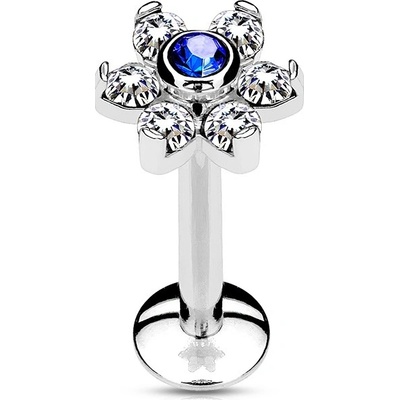Šperky4U piercing do brady labreta kytička modrý/čiré kamínky LB1075-1206
