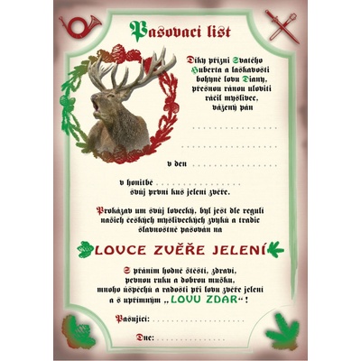 e‑myslivost.cz Pasovací list na lovce zvěře jelení - Motiv s personalizací