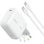 Belkin BoostCharge мрежово зарядно устройство с Type-C конектор, 100 W, PD бързо зареждане + кабел Type-C, БЯЛО (WCH025DQ1.5WHB6)