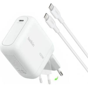 Belkin BoostCharge мрежово зарядно устройство с Type-C конектор, 100 W, PD бързо зареждане + кабел Type-C, БЯЛО (WCH025DQ1.5WHB6)