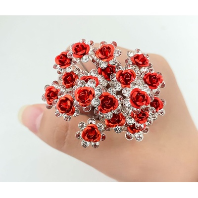 Naishide Jewelry Svatební vlásenky Růže s kamínky 10 ks - stříbrná/červená