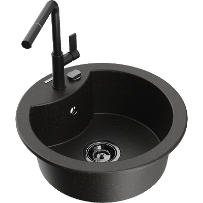 Mexen Diego гранитна мивка с 1 камера и кухненски смесител Flora, черно/златист металик - 6512-75-670401-70-B (6512-75-670401-70-B)