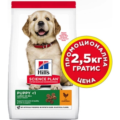 Hill's SCIENCE PLAN Large Breed Puppy + 2.5 кг подарък - Пълноценна суха храна за подрастващи кучета, бременни и кърмещи, с пилешко месо, 12 кг. + 2.5 кг. подарък