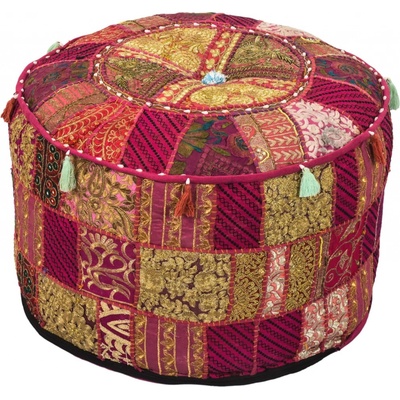 Sanu Babu Taburet z Rajasthanu s bohatou Ari výšivkou, průměr 55cm výška 39cm patchwork (CY)